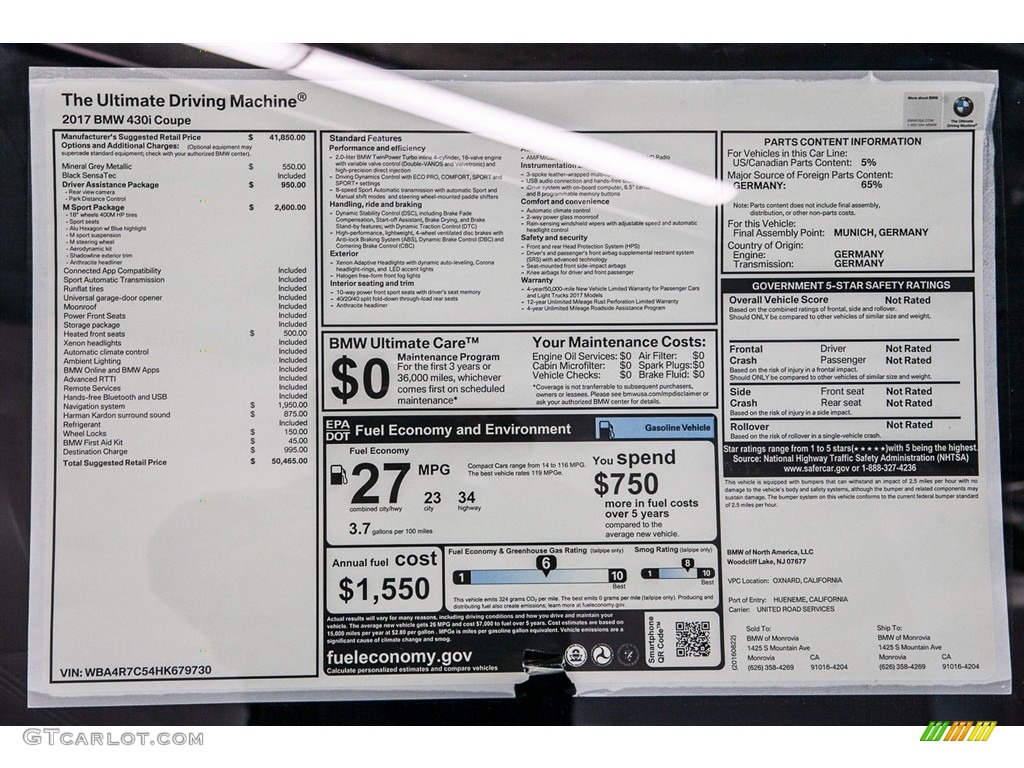 2017 BMW 4 Series 430i Coupe Window Sticker Photo #115972641