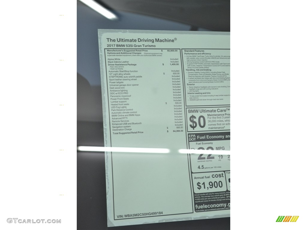 2017 BMW 5 Series 535i Gran Turismo Window Sticker Photo #115996800