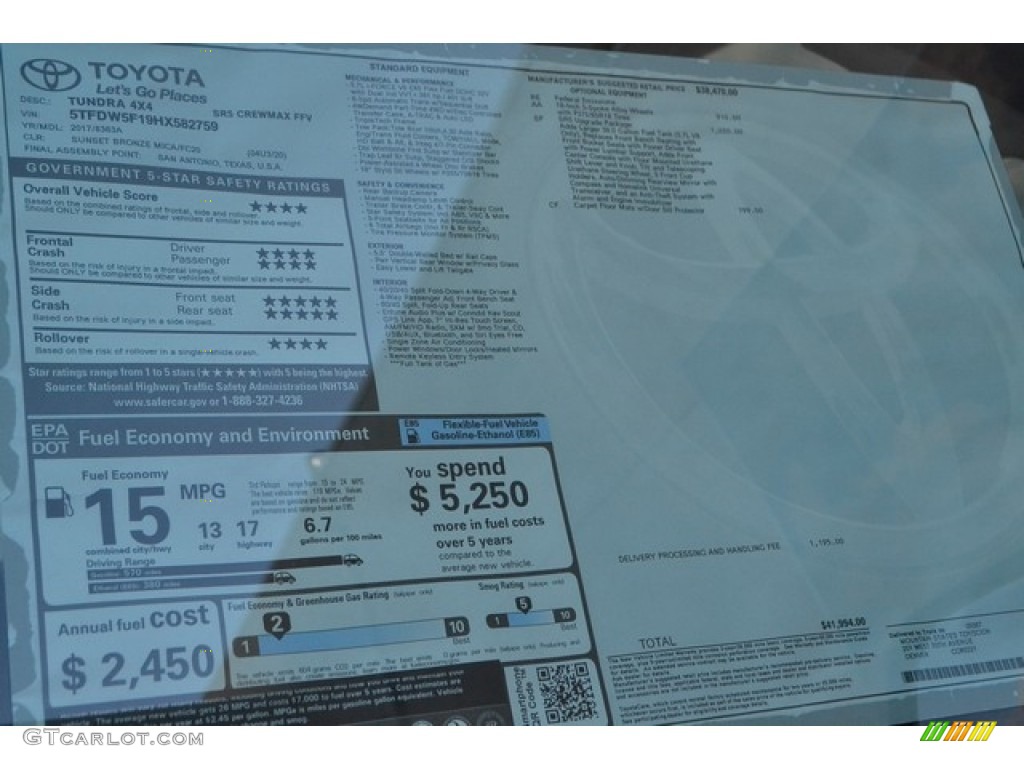 2017 Toyota Tundra SR5 CrewMax 4x4 Window Sticker Photo #115997868