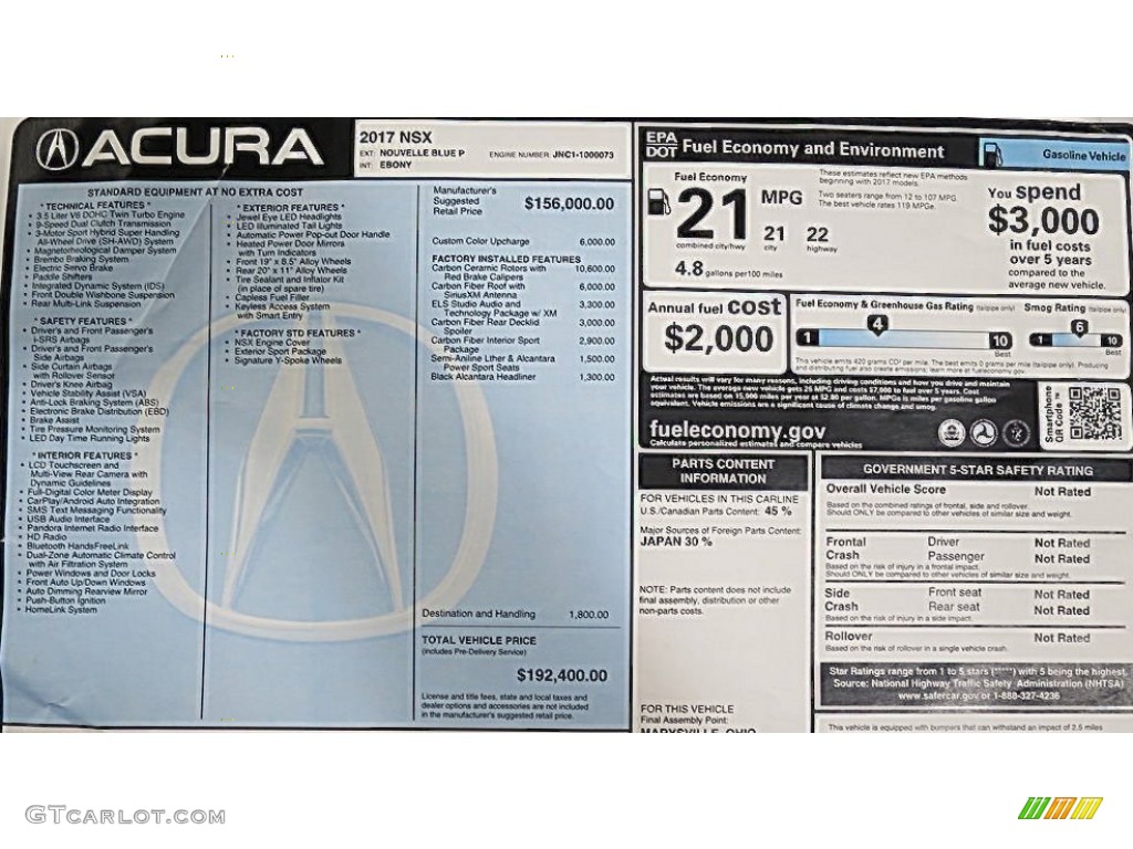 2017 Acura NSX Standard NSX Model Window Sticker Photo #115998888