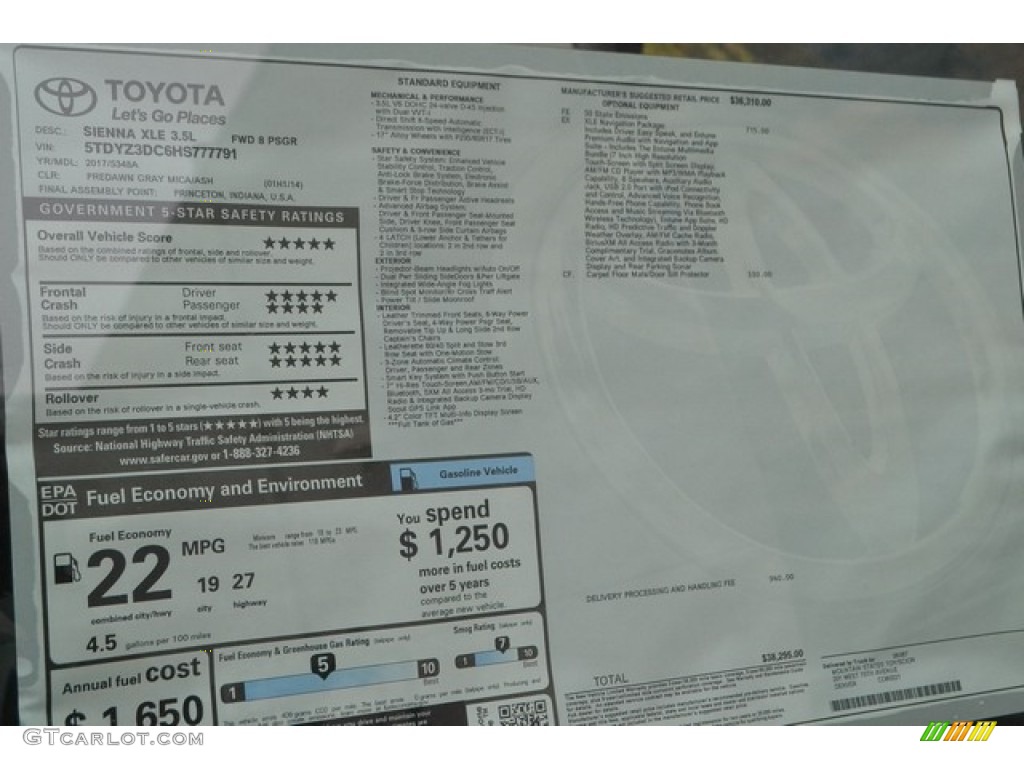 2017 Toyota Sienna XLE Window Sticker Photo #116000734