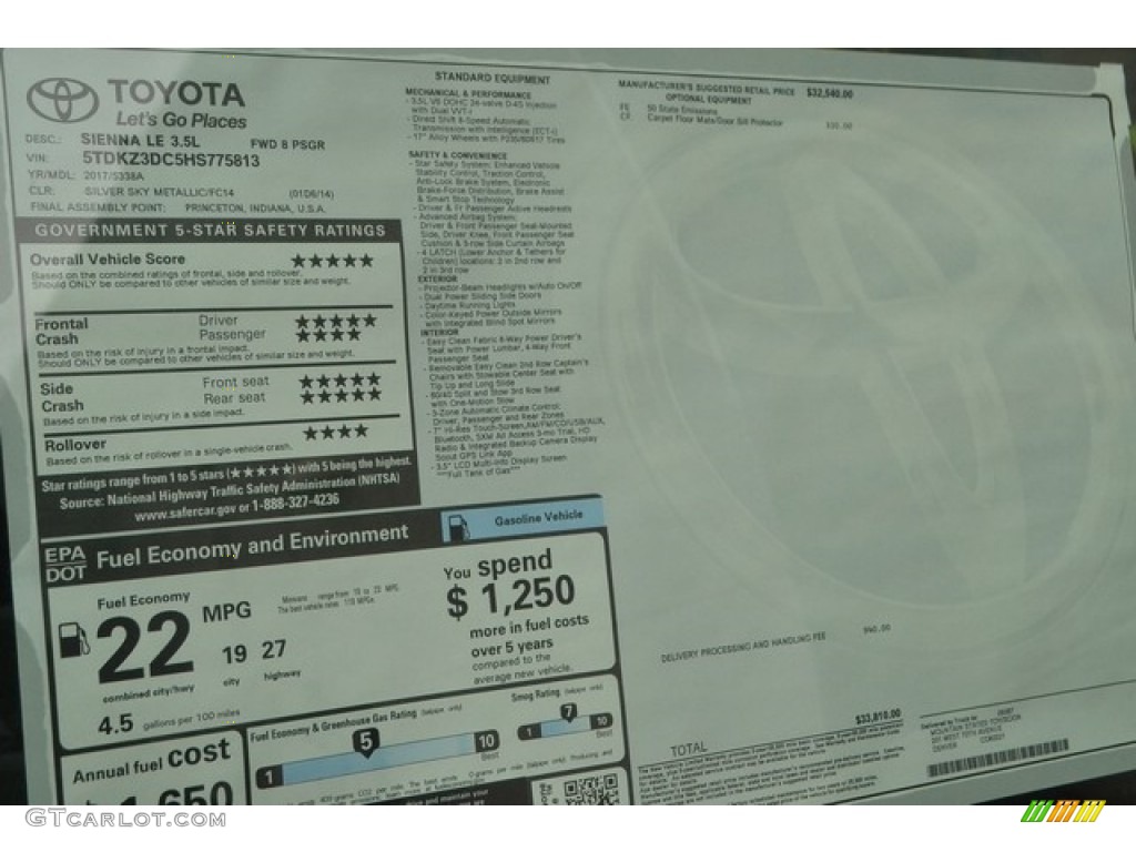 2017 Toyota Sienna LE Window Sticker Photos