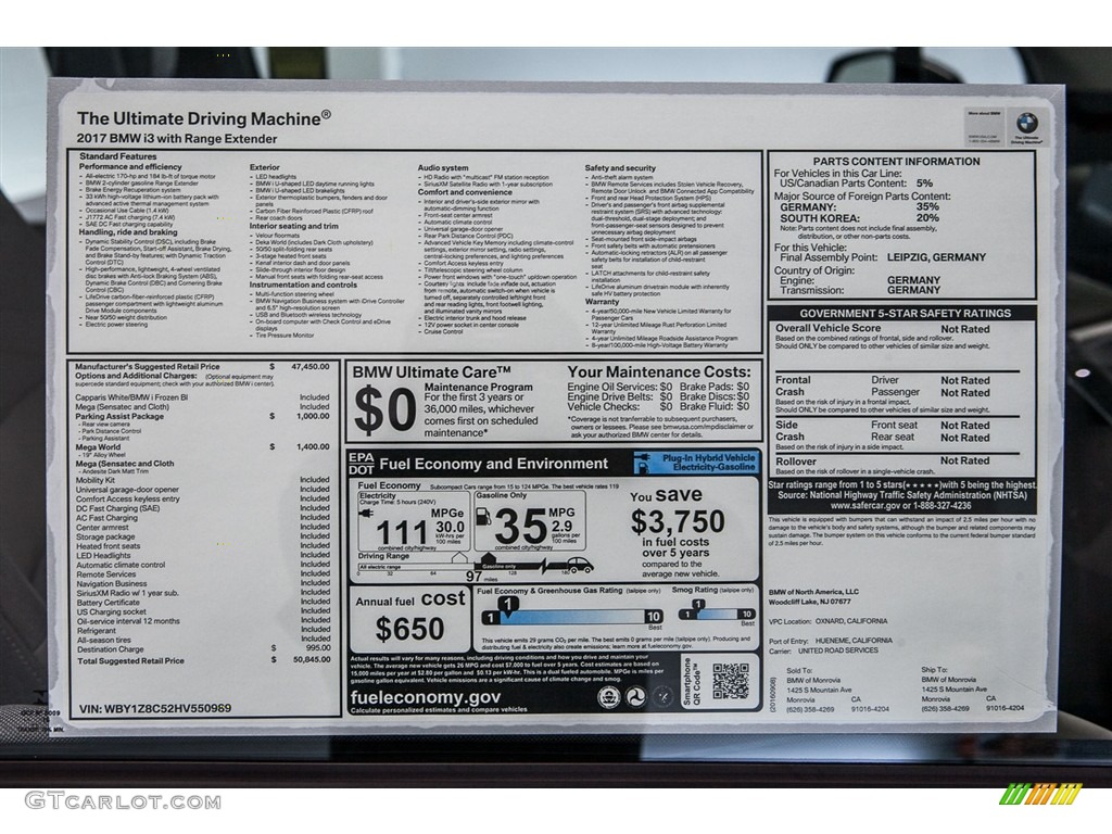 2017 BMW i3 with Range Extender Window Sticker Photo #116002809