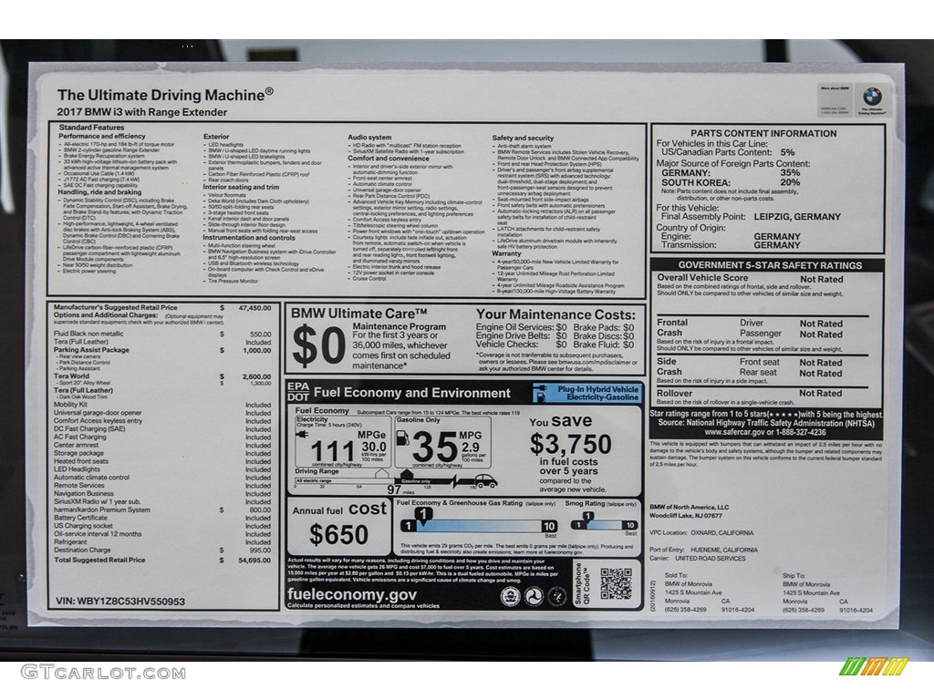 2017 BMW i3 with Range Extender Window Sticker Photo #116003151