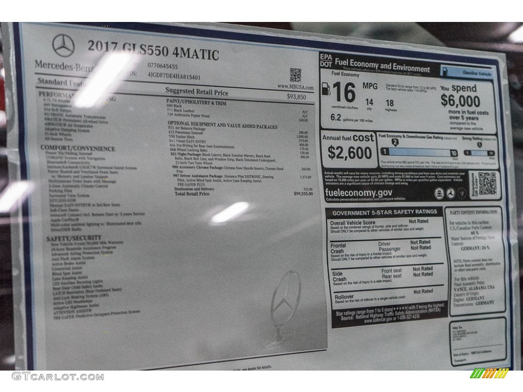 2017 Mercedes-Benz GLS 550 4Matic Window Sticker Photo #116014188