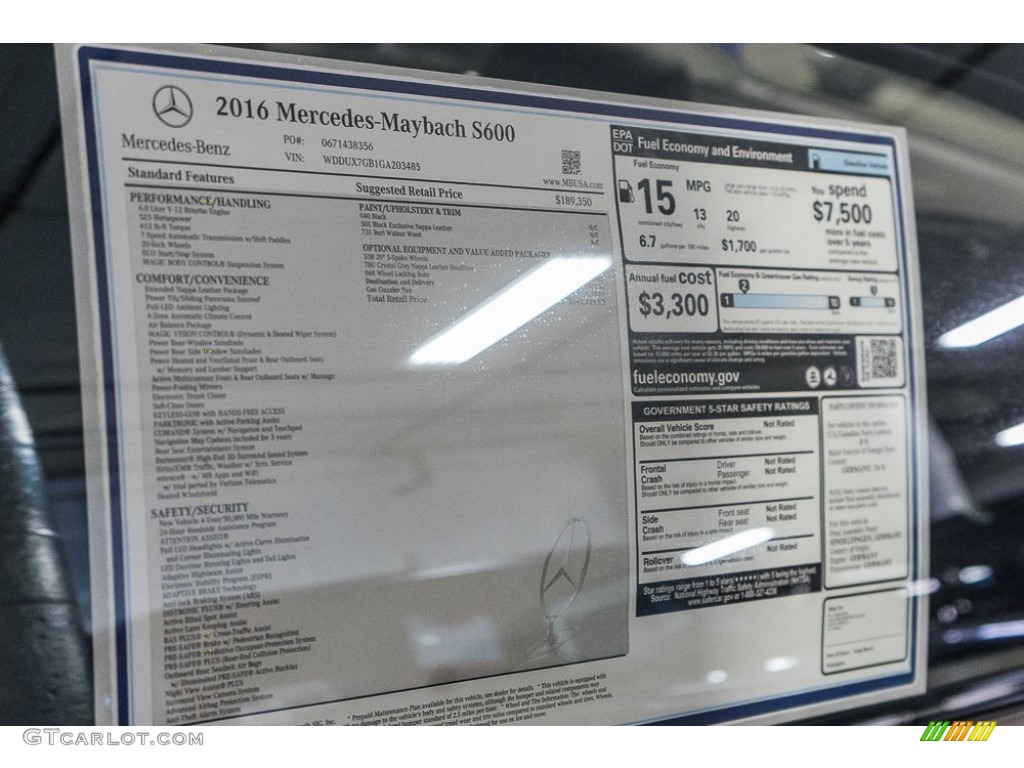 2016 Mercedes-Benz S Mercedes-Maybach S600 Sedan Window Sticker Photos