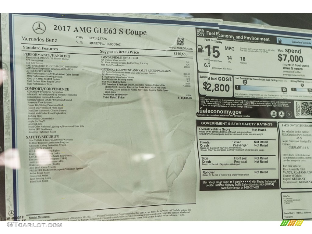 2017 Mercedes-Benz GLE 63 S AMG 4Matic Coupe Window Sticker Photo #116023752