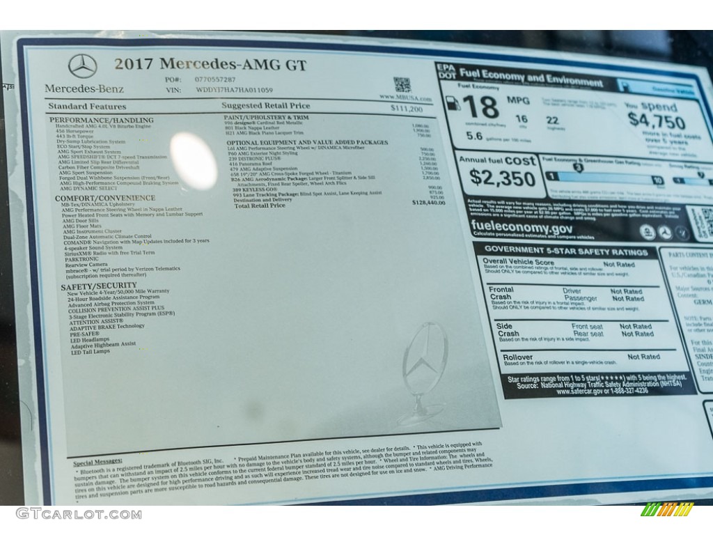 2017 Mercedes-Benz AMG GT Coupe Window Sticker Photo #116024712