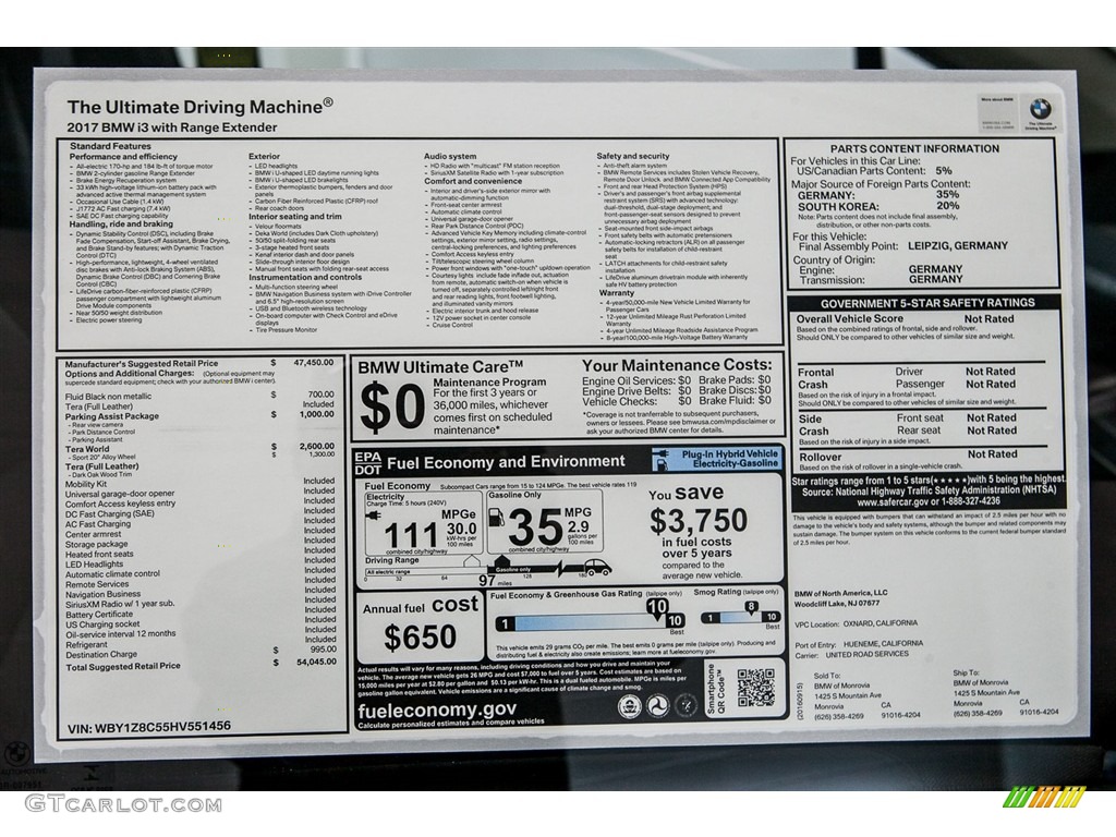 2017 BMW i3 with Range Extender Window Sticker Photo #116047899