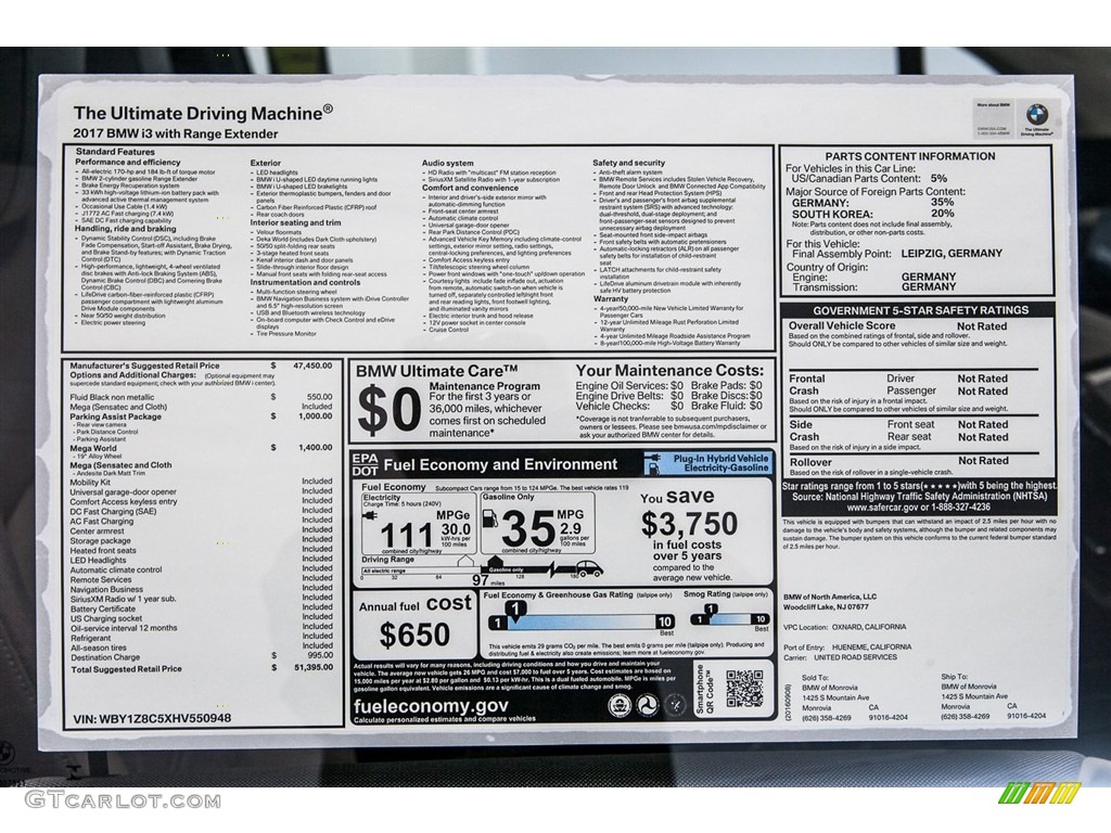 2017 BMW i3 with Range Extender Window Sticker Photo #116048175