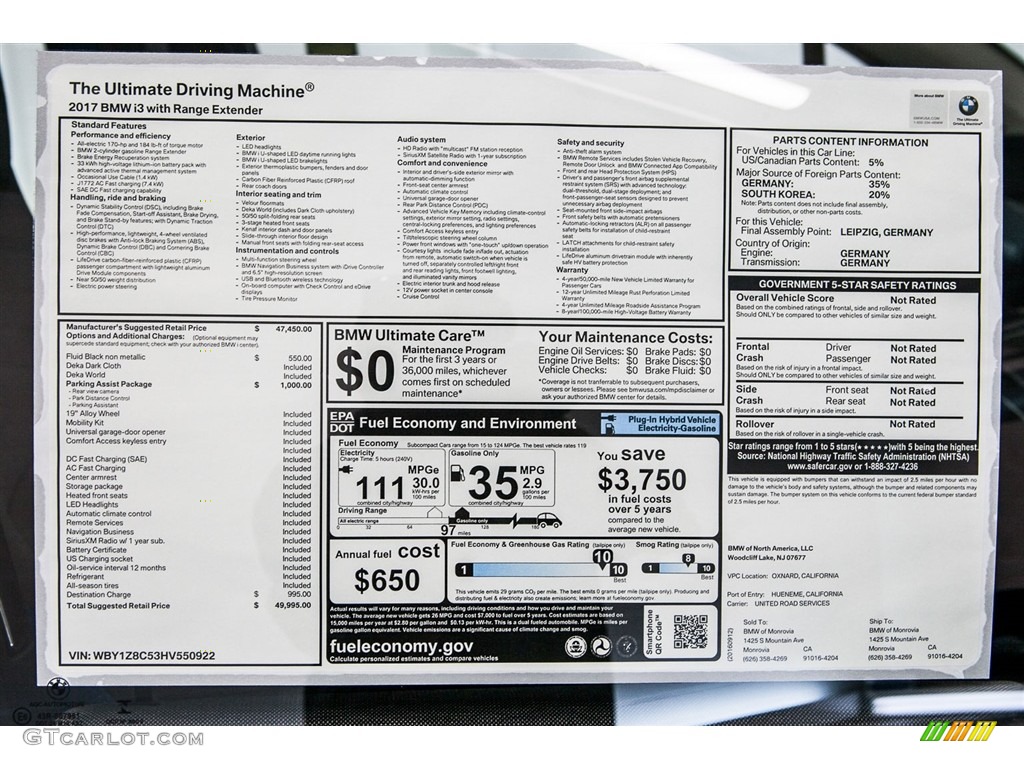 2017 BMW i3 with Range Extender Window Sticker Photo #116048310