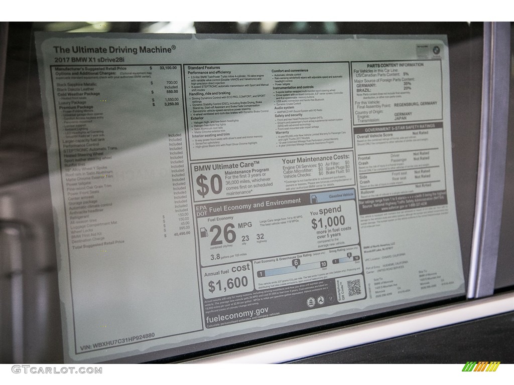 2017 BMW X1 sDrive28i Window Sticker Photo #116048448