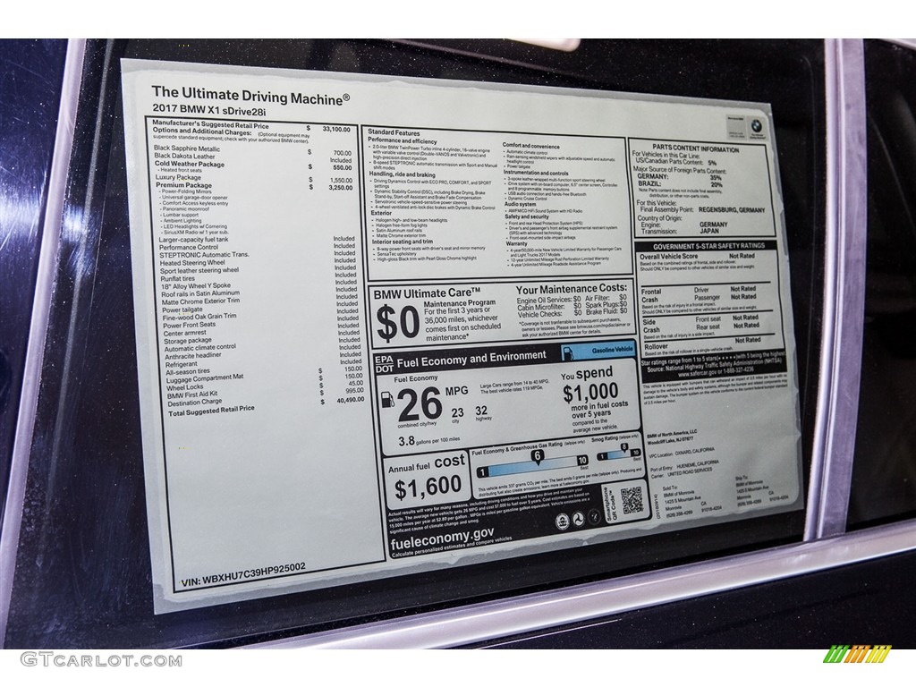 2017 BMW X1 sDrive28i Window Sticker Photo #116091476