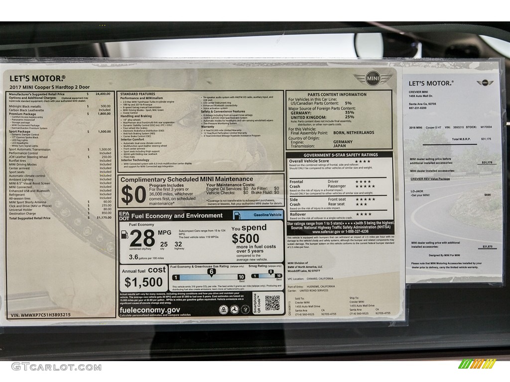2017 Mini Hardtop Cooper S 2 Door Window Sticker Photo #116091755