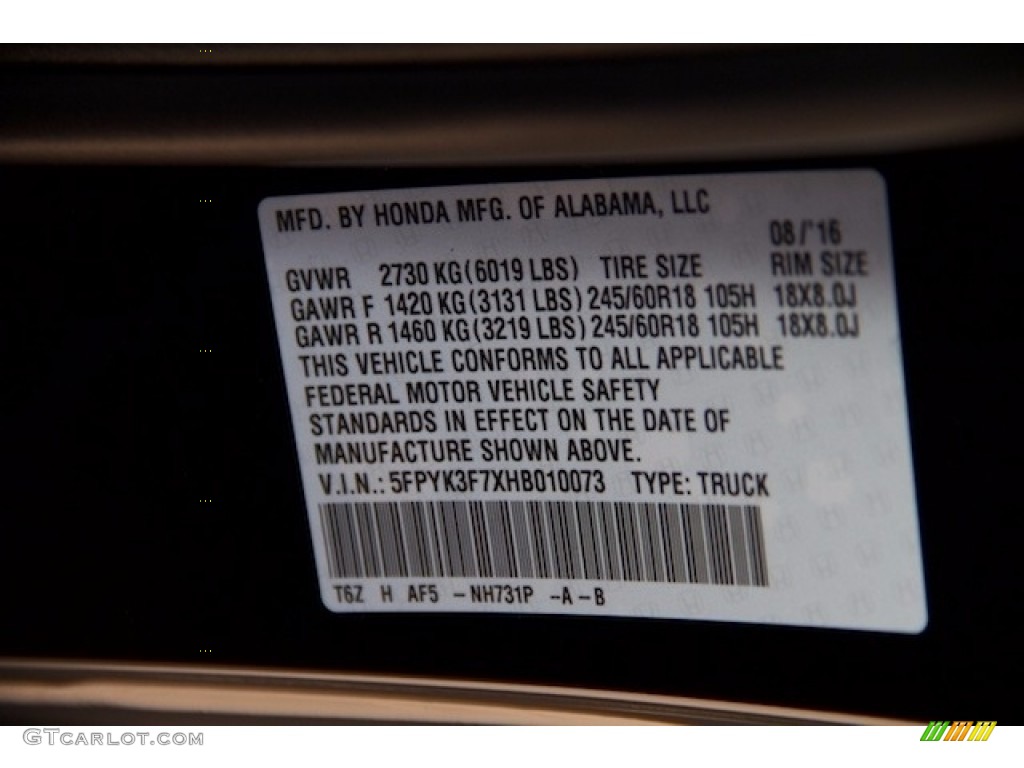 2017 Ridgeline Color Code NH731P for Crystal Black Pearl Photo #116097596
