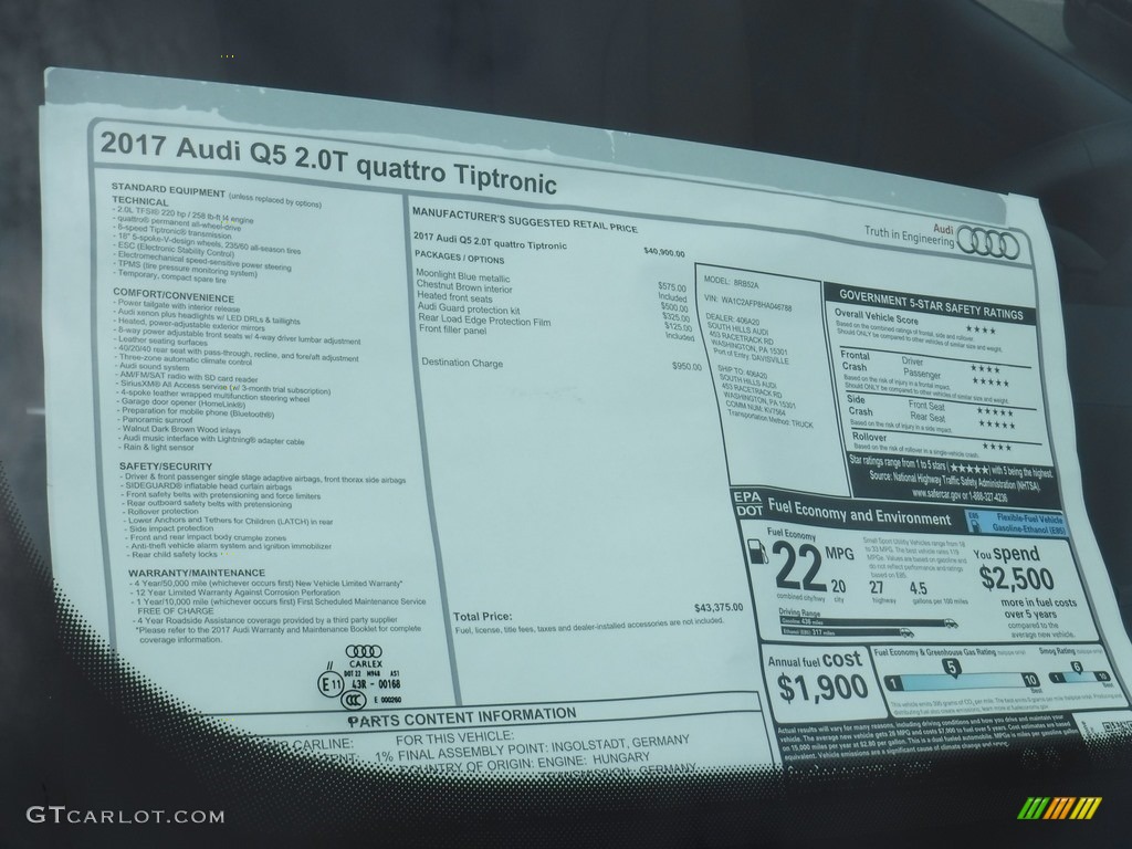 2017 Audi Q5 2.0 TFSI Premium quattro Window Sticker Photo #116101505
