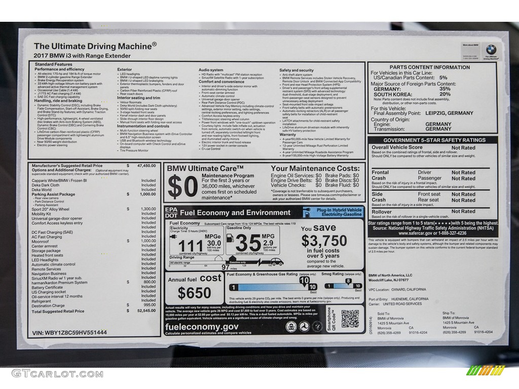 2017 BMW i3 with Range Extender Window Sticker Photo #116104809