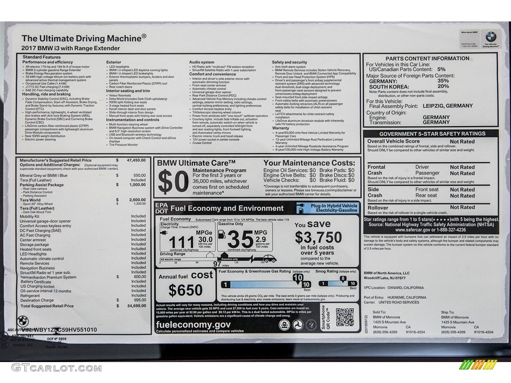 2017 BMW i3 with Range Extender Window Sticker Photo #116105109