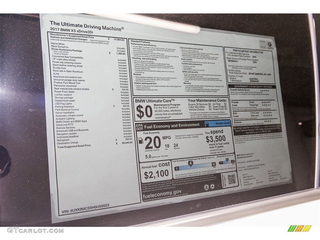 2017 BMW X5 xDrive35i Window Sticker Photo #116105415