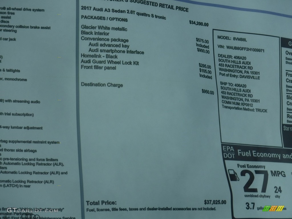 2017 Audi A3 2.0 Premium quttaro Window Sticker Photo #116105451