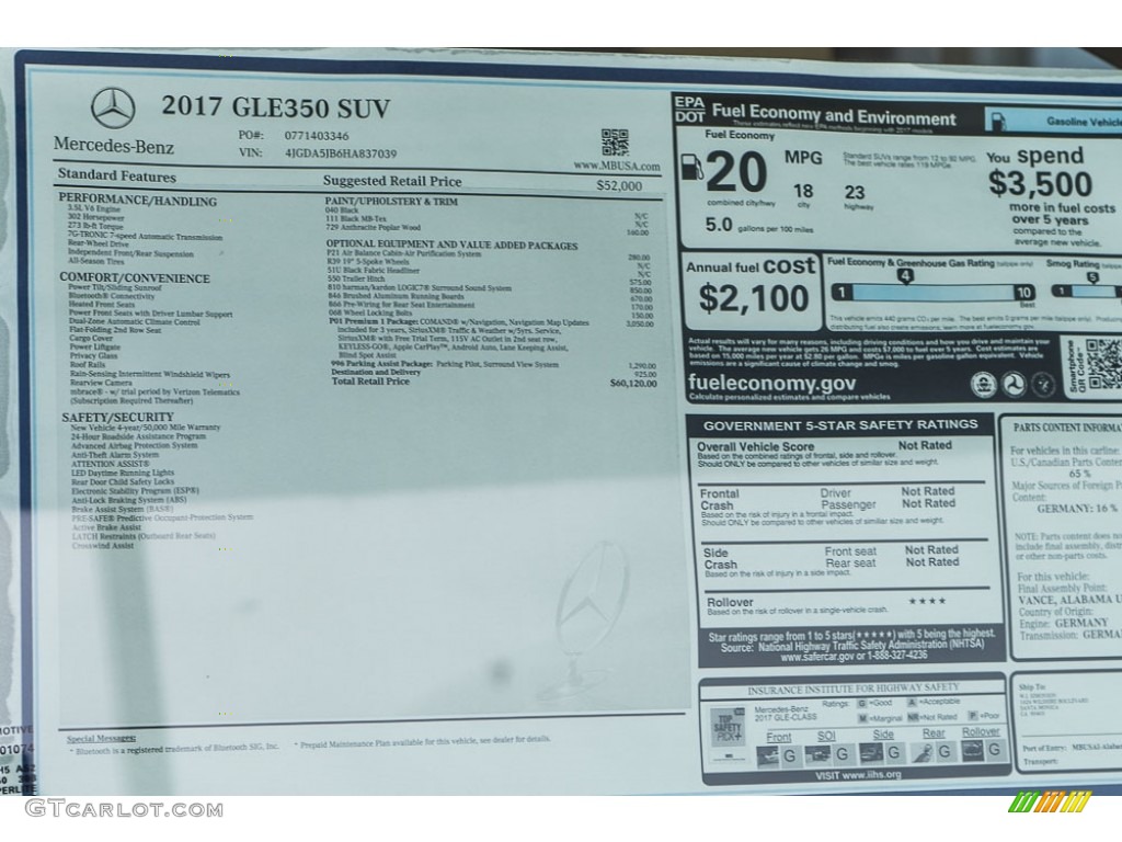 2017 Mercedes-Benz GLE 350 Window Sticker Photo #116110989