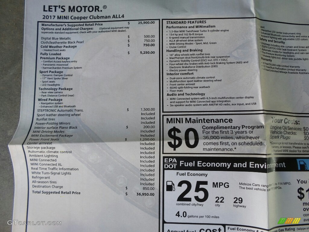 2017 Mini Clubman Cooper ALL4 Window Sticker Photo #116169545