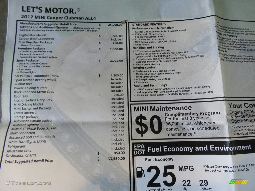 2017 Mini Clubman Cooper ALL4 Window Sticker Photo #116169665