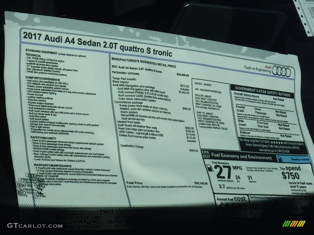 2017 Audi A4 2.0T Premium quattro Window Sticker Photo #116169745