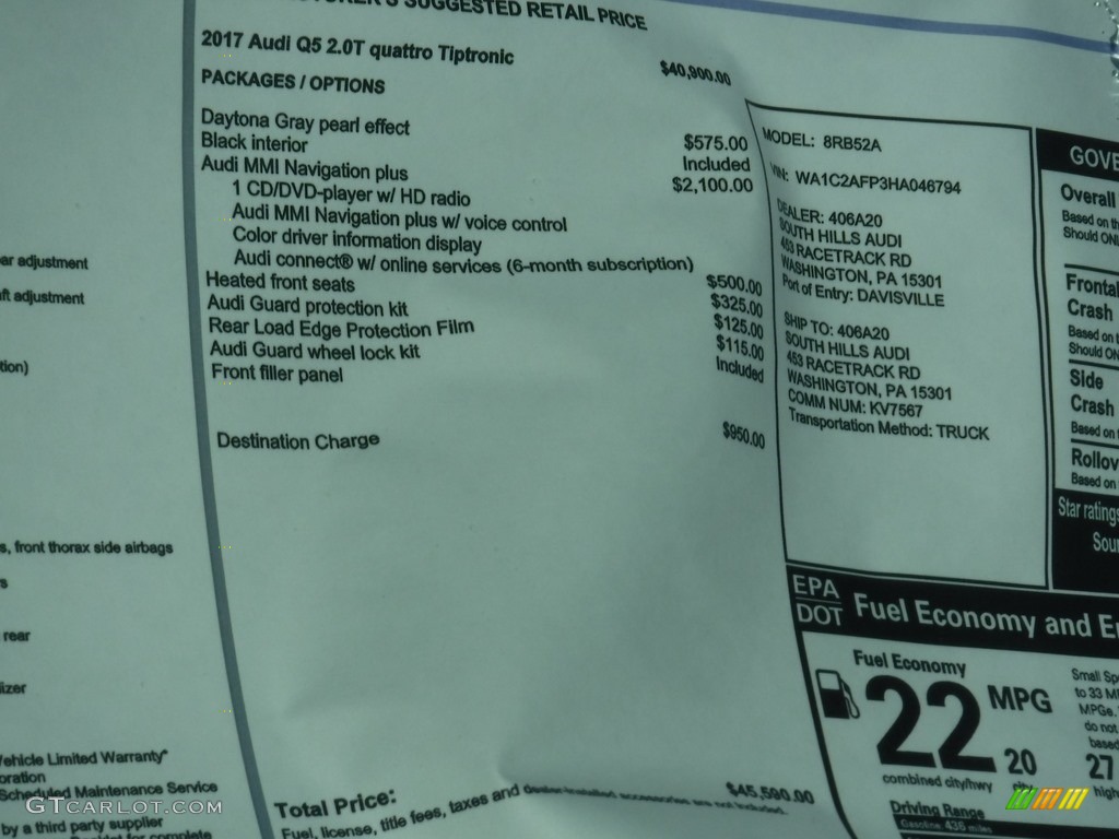 2017 Audi Q5 2.0 TFSI Premium quattro Window Sticker Photo #116194805