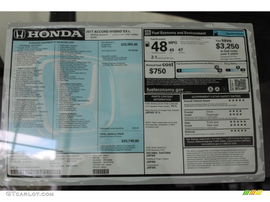 2017 Honda Accord Hybrid EX-L Sedan Window Sticker Photo #116208090