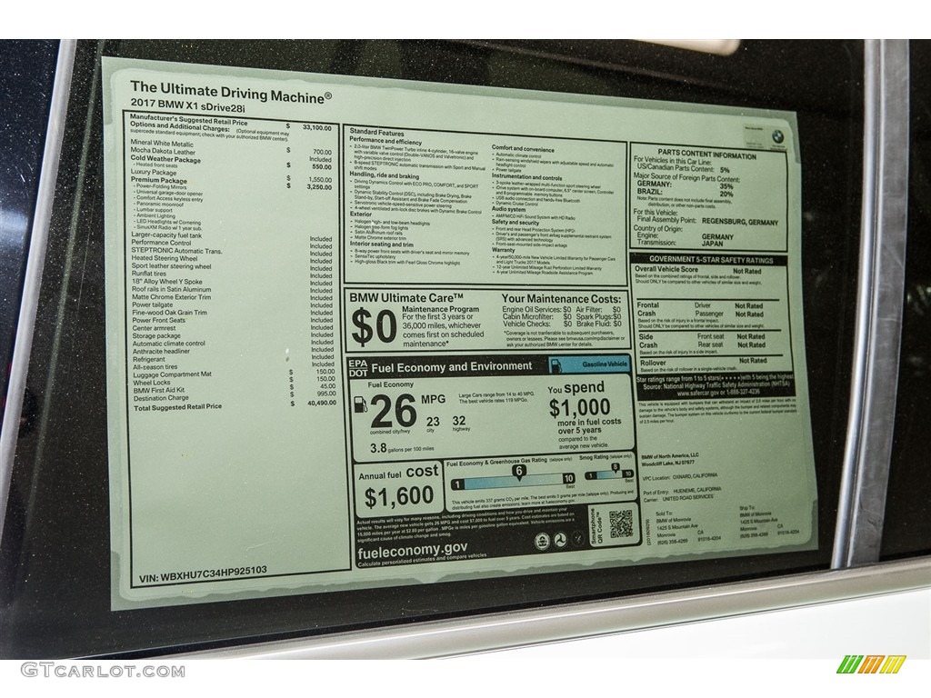 2017 BMW X1 sDrive28i Window Sticker Photo #116221194