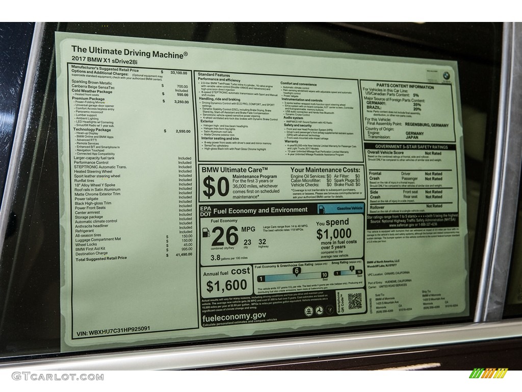 2017 BMW X1 sDrive28i Window Sticker Photos
