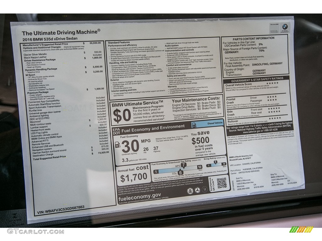 2016 BMW 5 Series 535d xDrive Sedan Window Sticker Photo #116244452