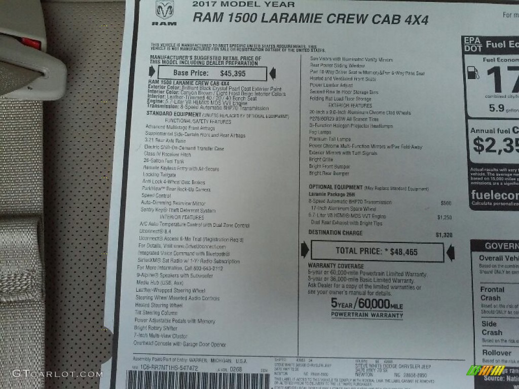 2017 Ram 1500 Laramie Crew Cab 4x4 Window Sticker Photo #116249323