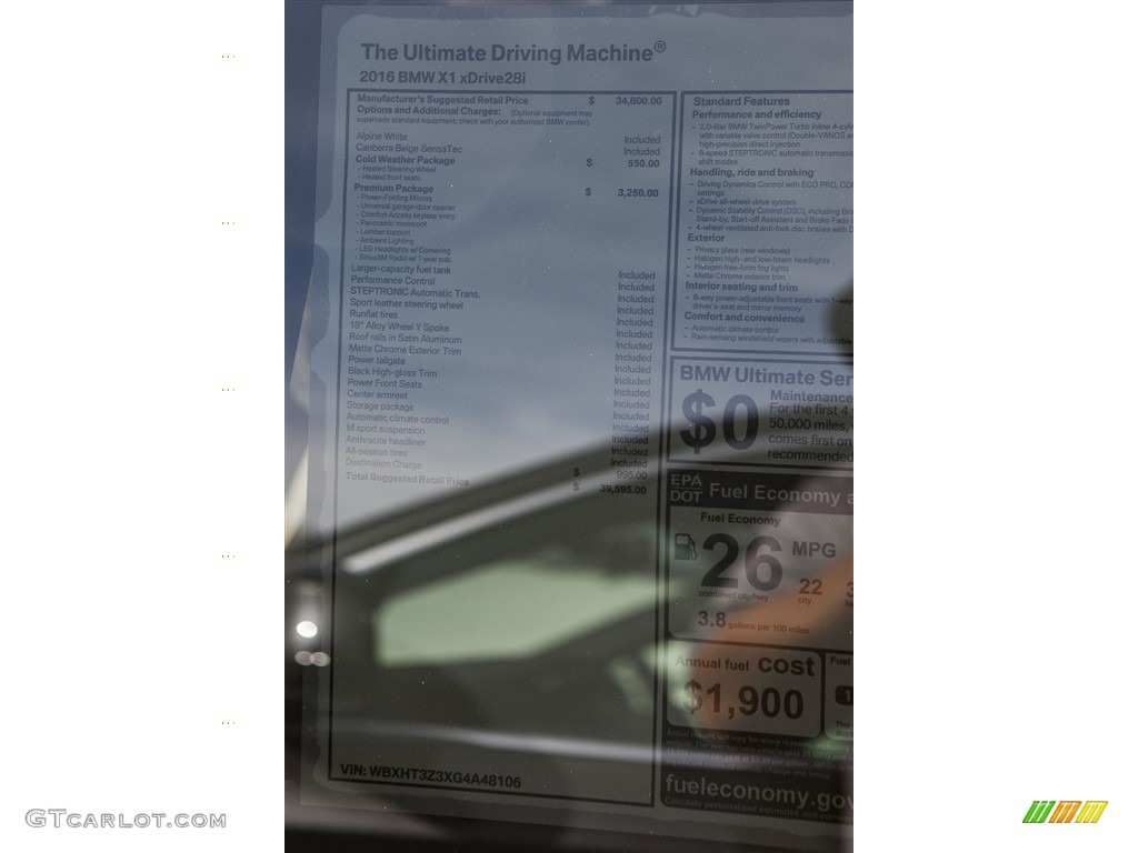 2016 BMW X1 xDrive28i Window Sticker Photo #116253732
