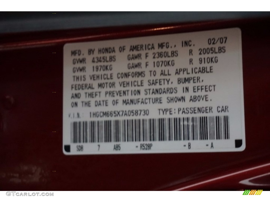 2007 Accord EX-L V6 Sedan - Moroccan Red Pearl / Gray photo #15
