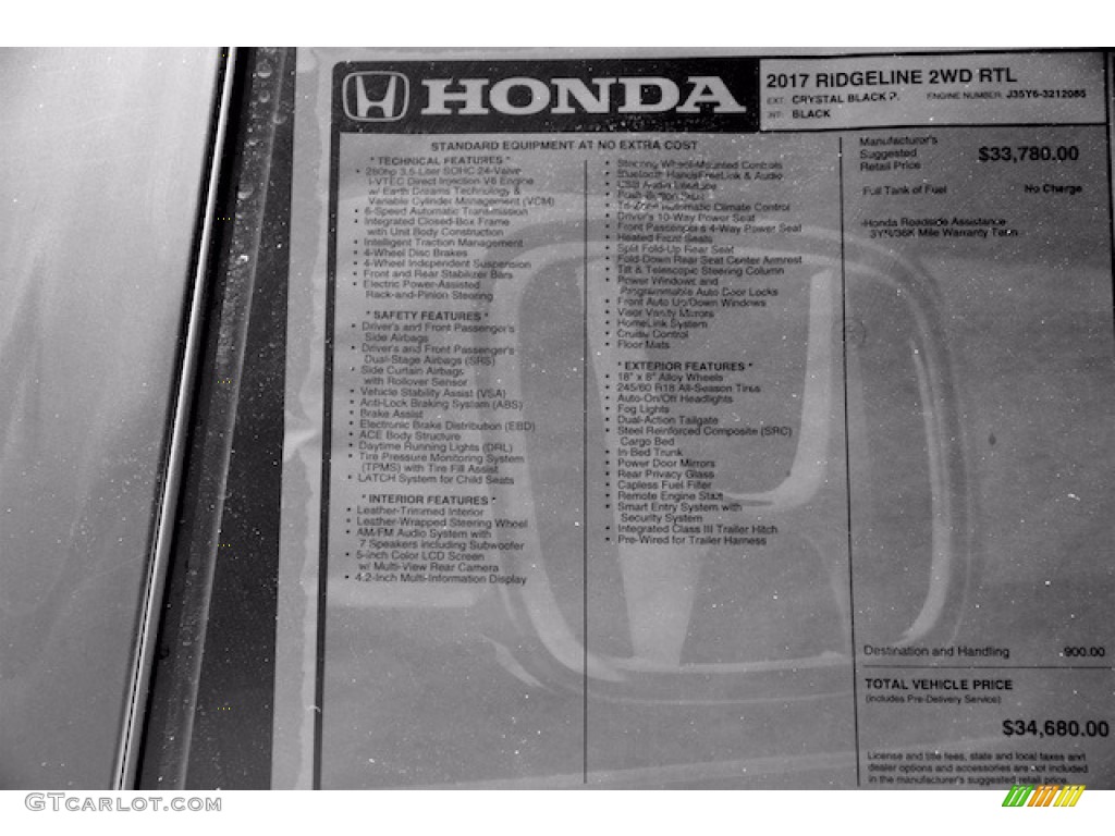 2017 Honda Ridgeline RTL Window Sticker Photo #116265642