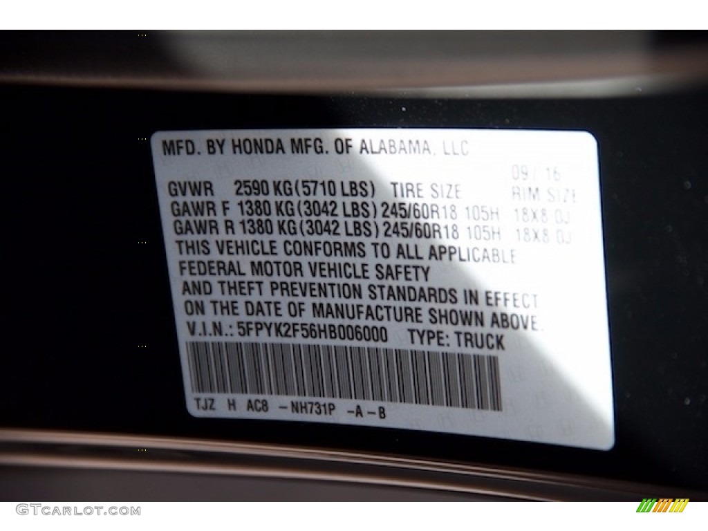 2017 Honda Ridgeline RTL Color Code Photos