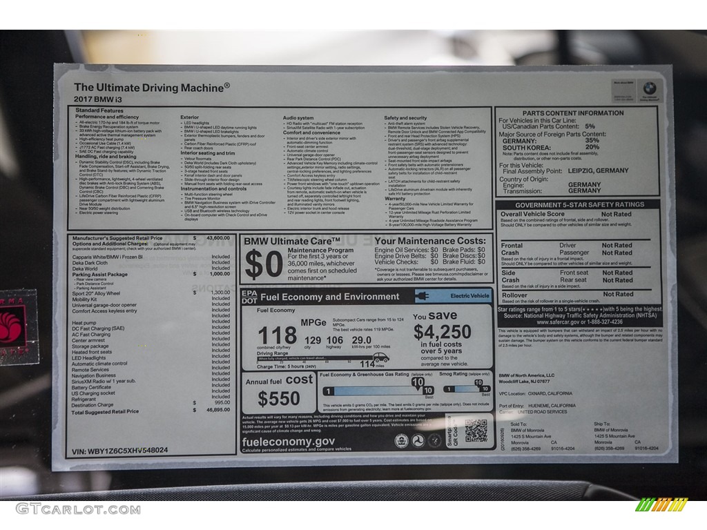 2017 BMW i3 Standard i3 Model Window Sticker Photo #116294898