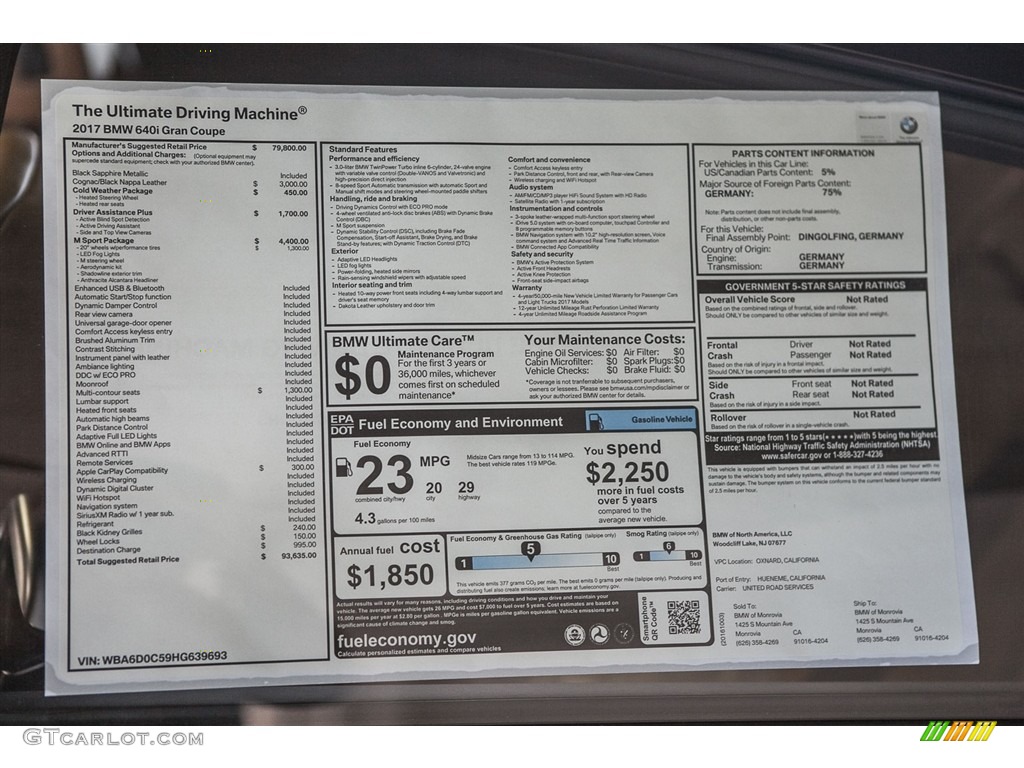 2017 BMW 6 Series 640i Gran Coupe Window Sticker Photo #116296068