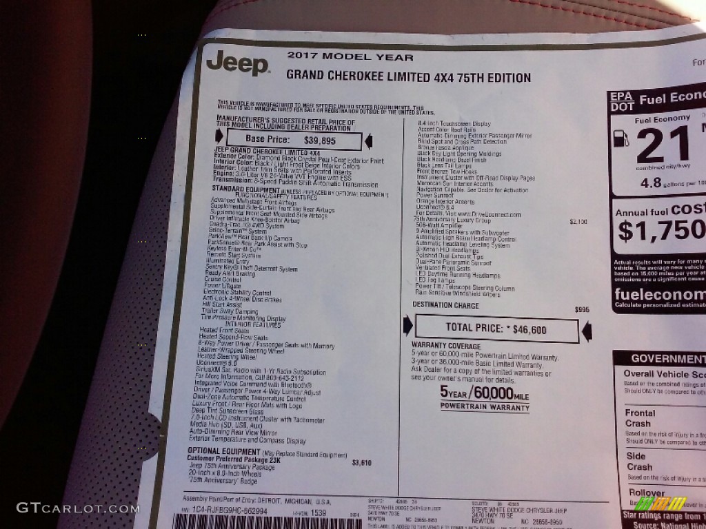 2017 Grand Cherokee Limited 4x4 - Diamond Black Crystal Pearl / Black/Light Frost Beige photo #28