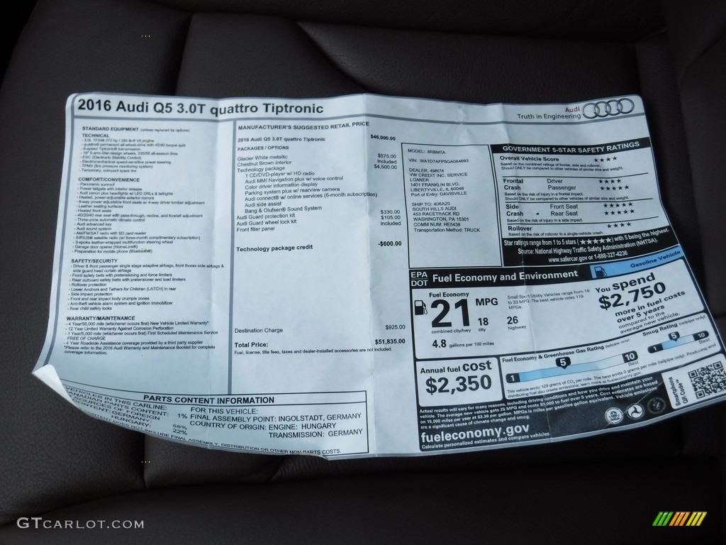 2016 Q5 3.0 TFSI Premium Plus quattro - Glacier White Metallic / Chestnut Brown photo #42