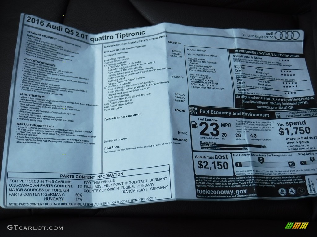 2016 Q5 2.0 TFSI Premium quattro - Scuba Blue Metallic / Chestnut Brown photo #39