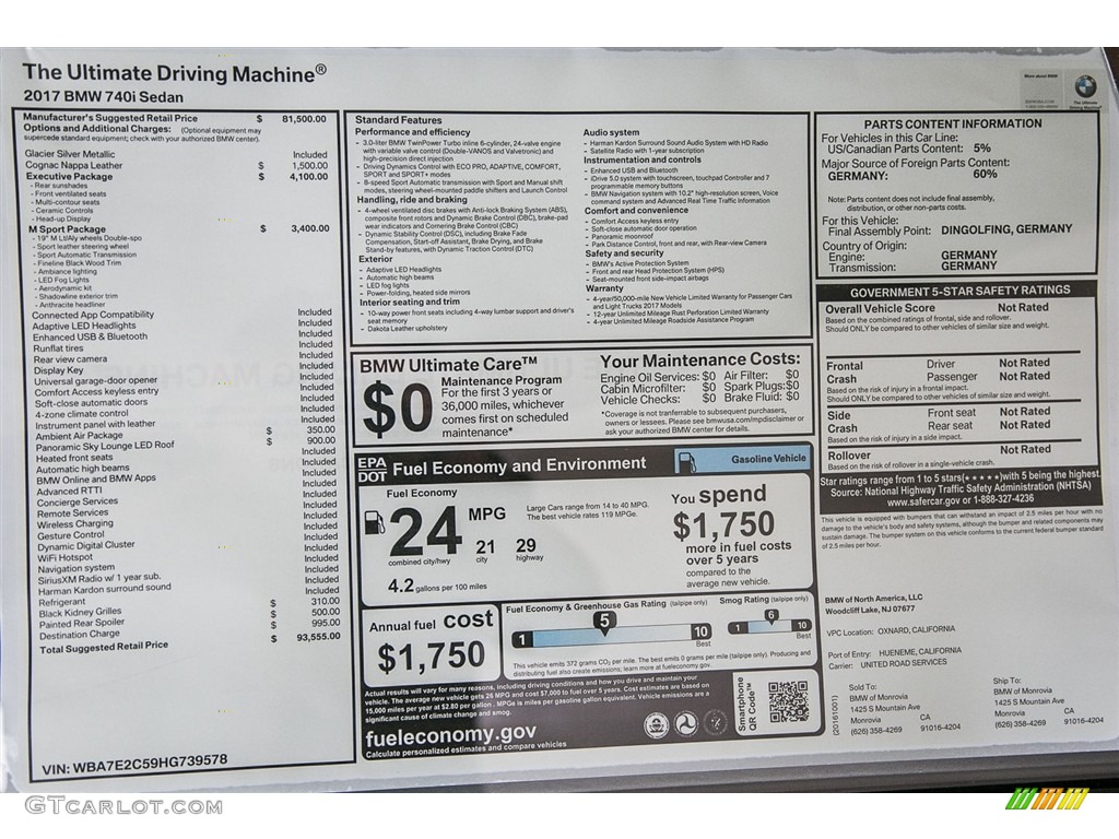 2017 BMW 7 Series 740i Sedan Window Sticker Photo #116334575