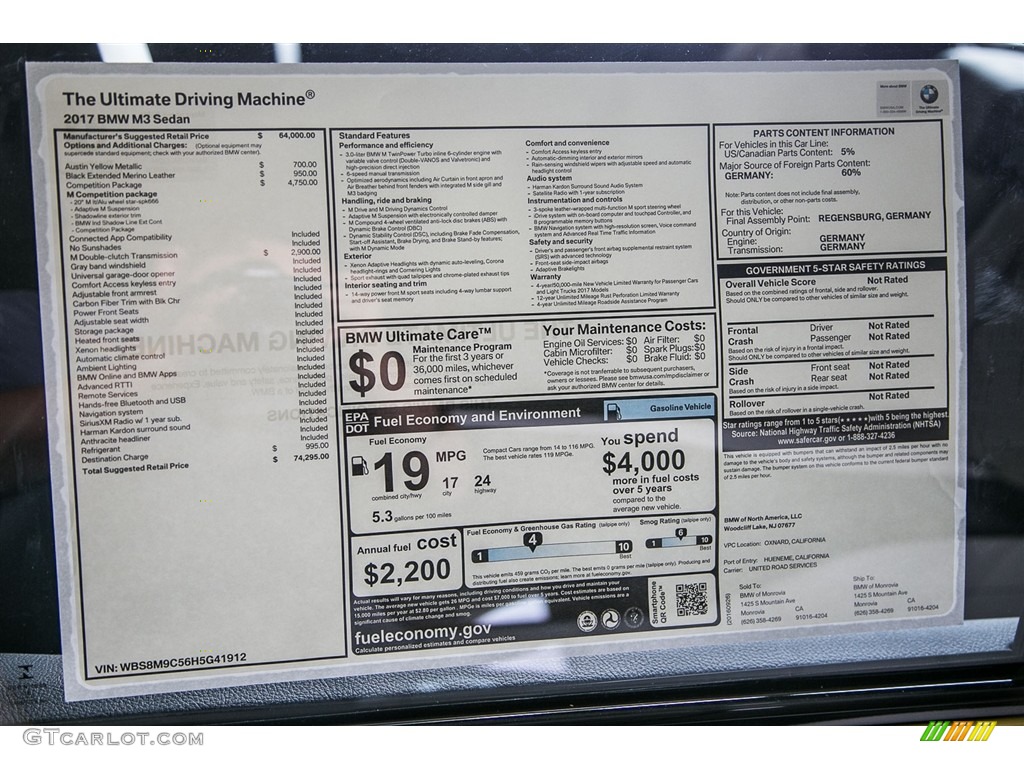 2017 BMW M3 Sedan Window Sticker Photo #116335358