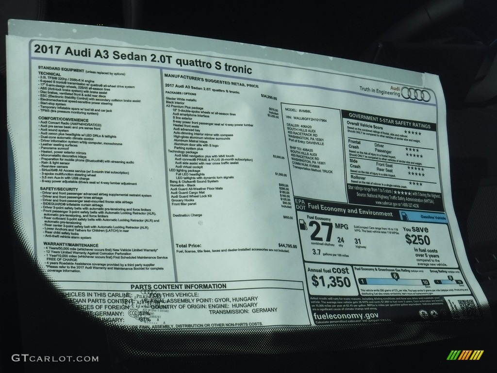 2017 Audi A3 2.0 Premium Plus quattro Window Sticker Photos