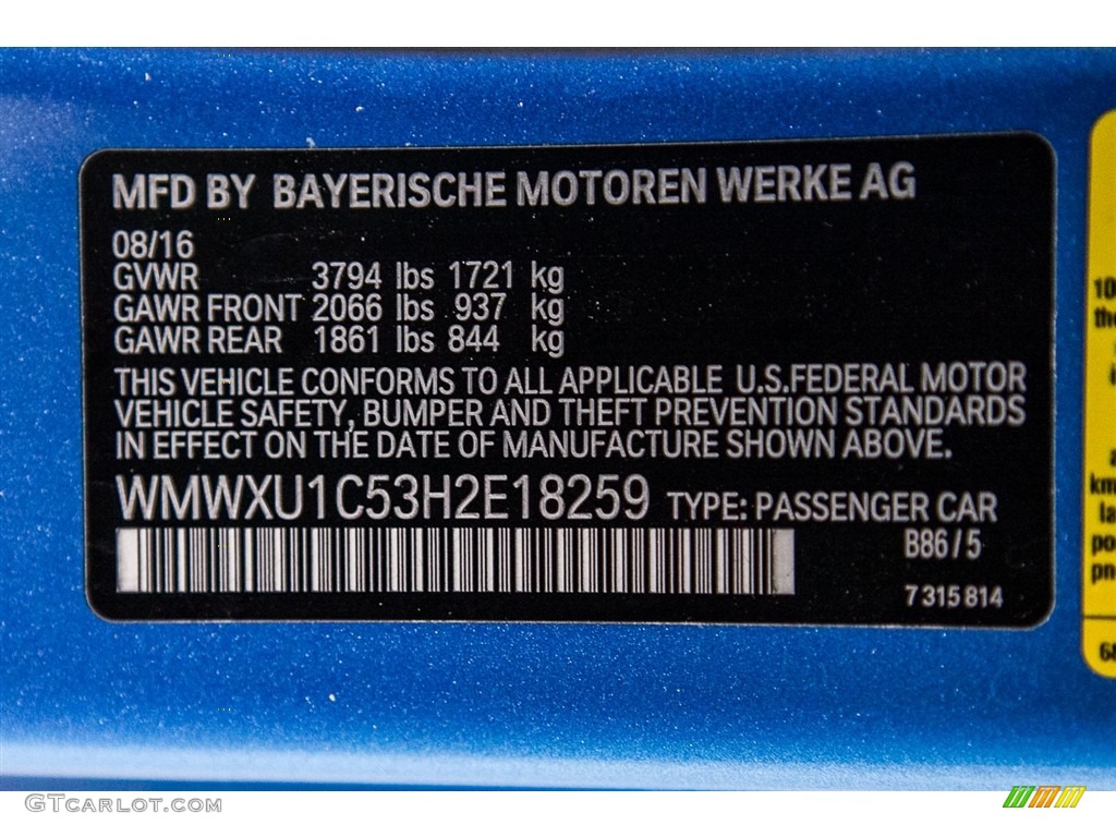 2017 Hardtop Color Code B86 for Electric Blue Metallic Photo #116336525