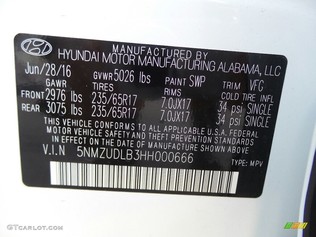 2017 Santa Fe Sport Color Code SWP for Pearl White Photo #116342510