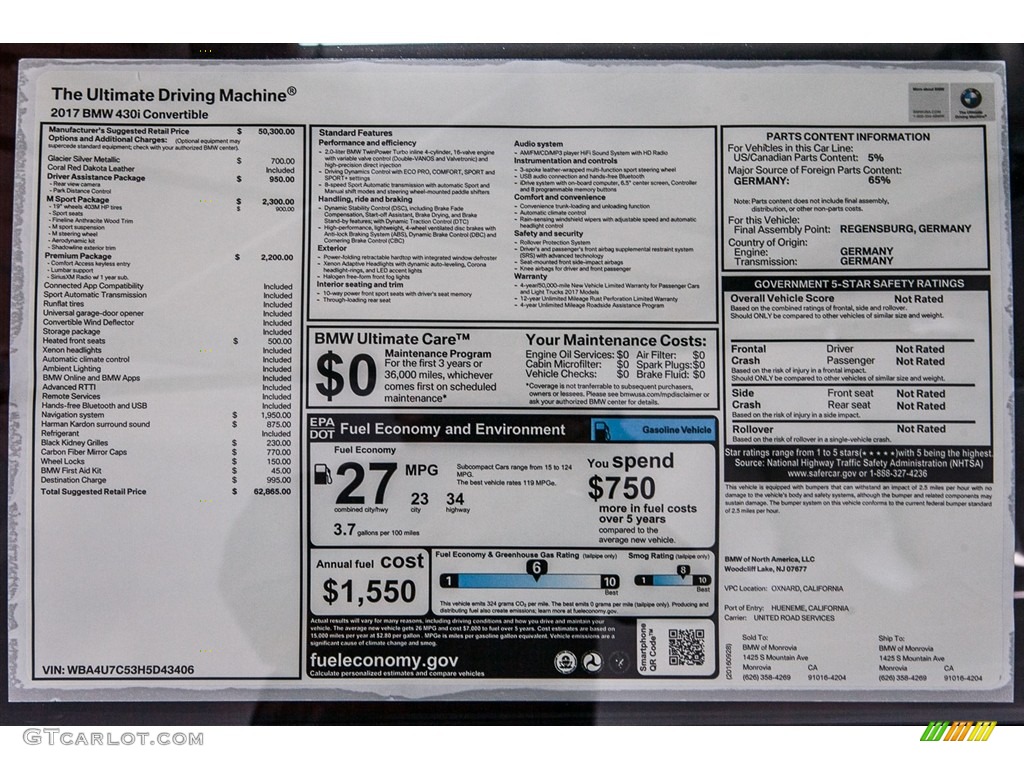 2017 BMW 4 Series 430i Convertible Window Sticker Photo #116345912