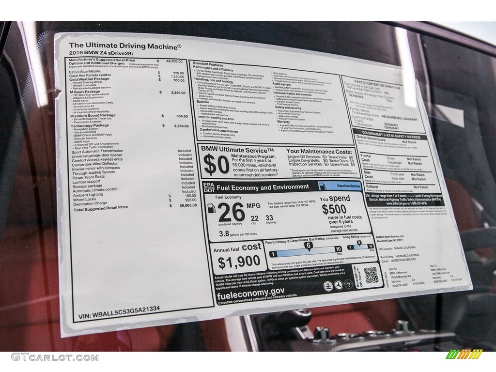 2016 BMW Z4 sDrive28i Window Sticker Photos